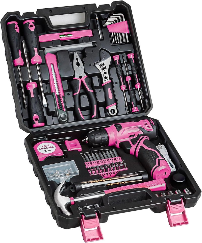 prekull Tool Set - Tool Kit with 8V Cordless Drill, 132 Piece Tool Box with Drill, Home Tool Kits for Women & Men, Hand Drill Set Perfect for Homeowner, Diyer, Handyman - Pink - Image 1